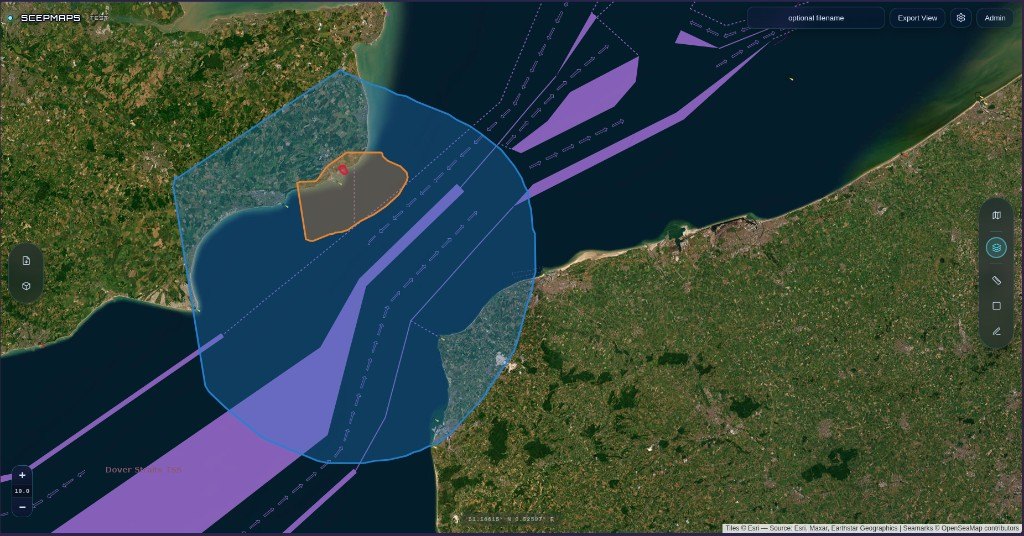 SCEP MAPS: a drawn area over the Dover Strait with shipping lanes, a selected zone and an export panel